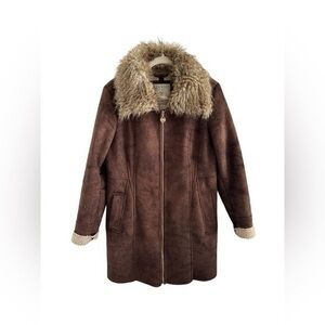 VTG Guess Coat Womens Large Y2K Faux Sherpa Fur Suede Long Length Brown Mob Wife
